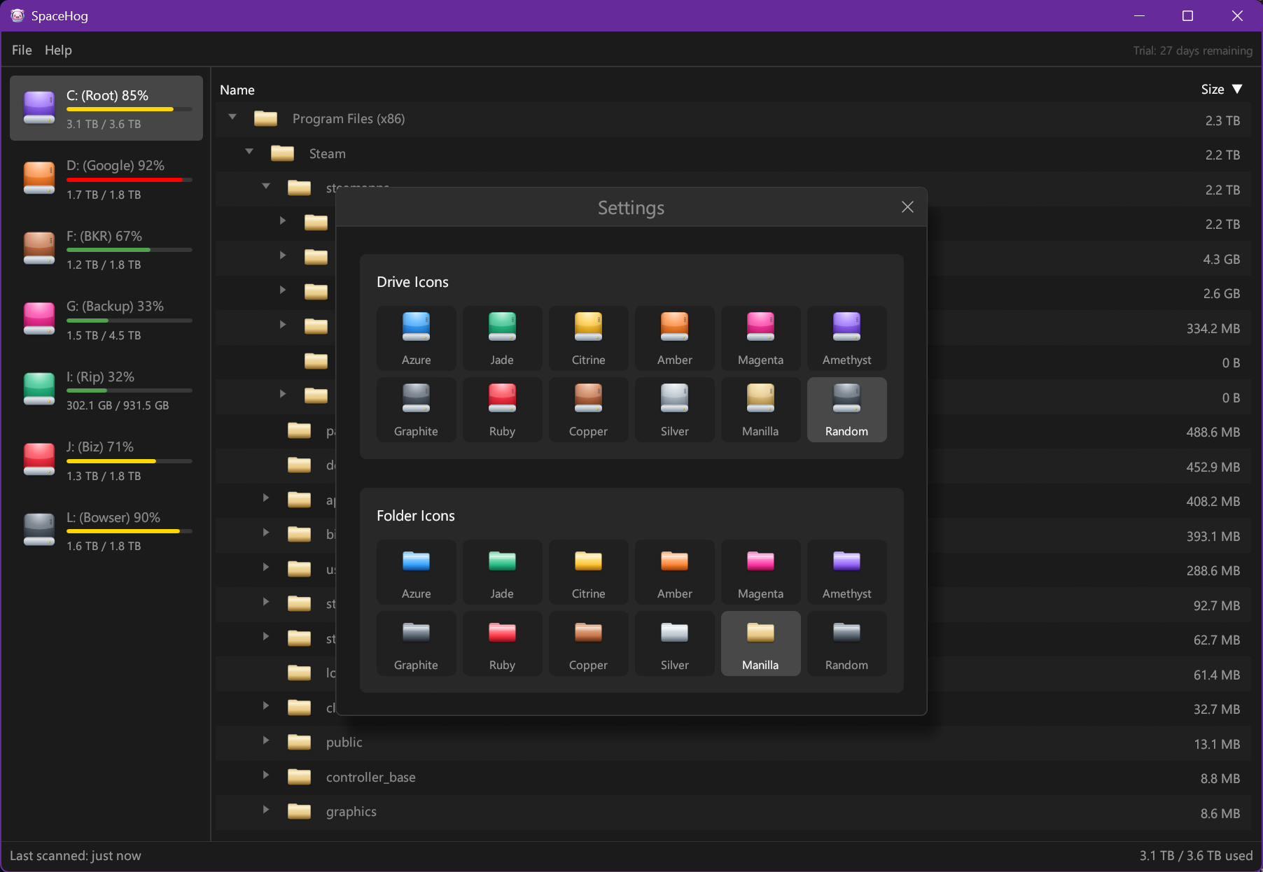 SpaceHog settings panel showing icon theme options.